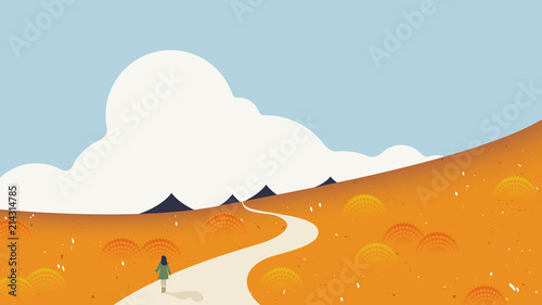 Spring season scenery landscape, girl walking through the road surrounded by flower field on the mountain
