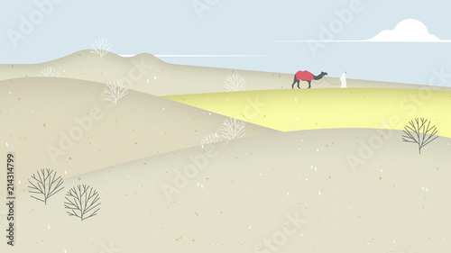 Desert scenery landscape, man with his camel walking through desert