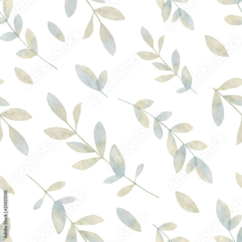 Watercolor vector hand painting seamless pattern with pastel branches and leaves.