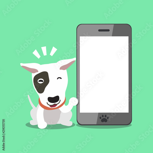 Cartoon character bull terrier dog with big smartphone