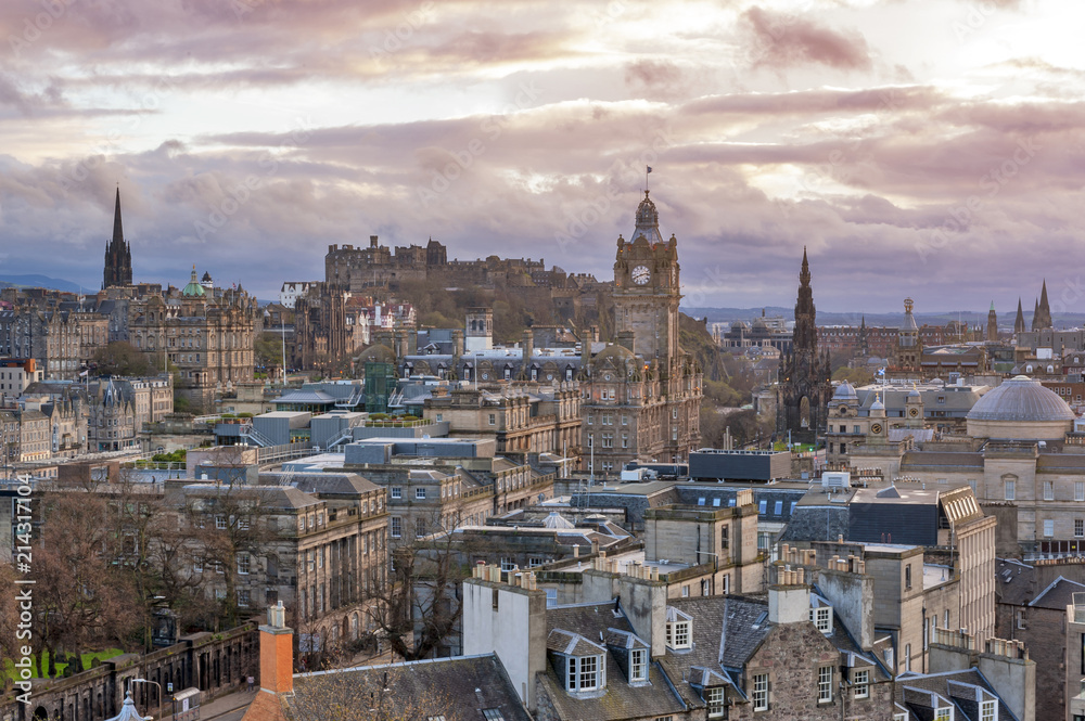 Cityscape view of the old town district of Edinburgh City from the hilltop of Calton Hill in central Edinburgh, Scotland, UK