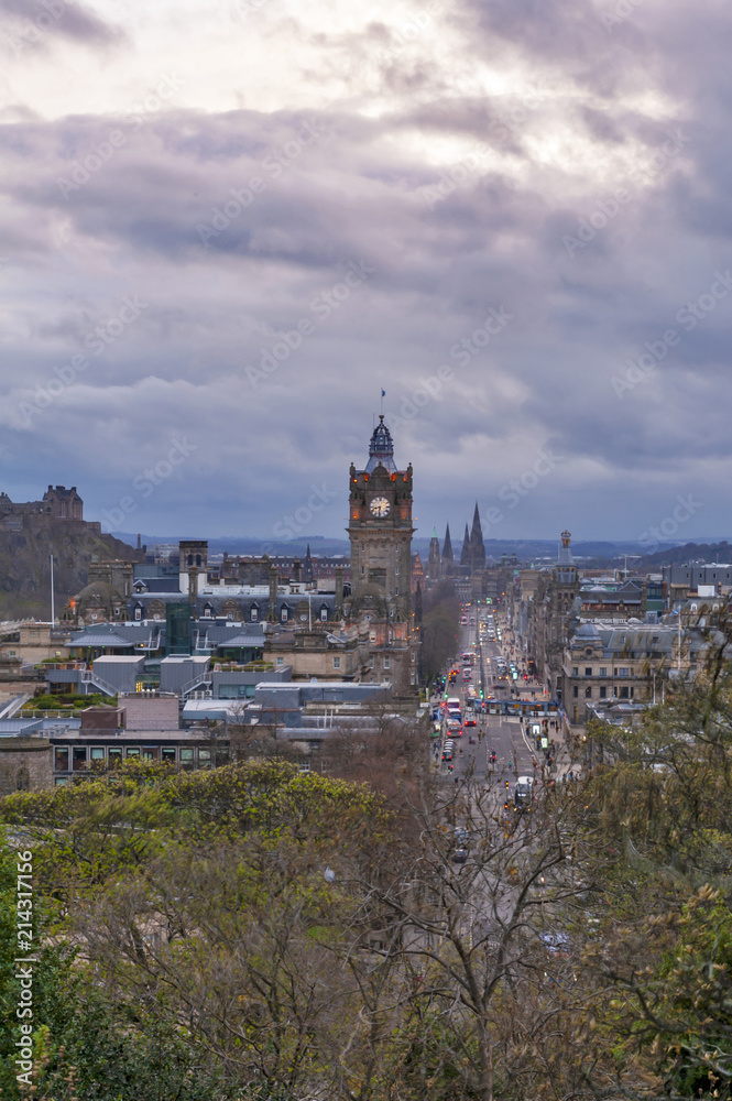 Cityscape view of the old town district of Edinburgh City from the hilltop of Calton Hill in central Edinburgh, Scotland, UK