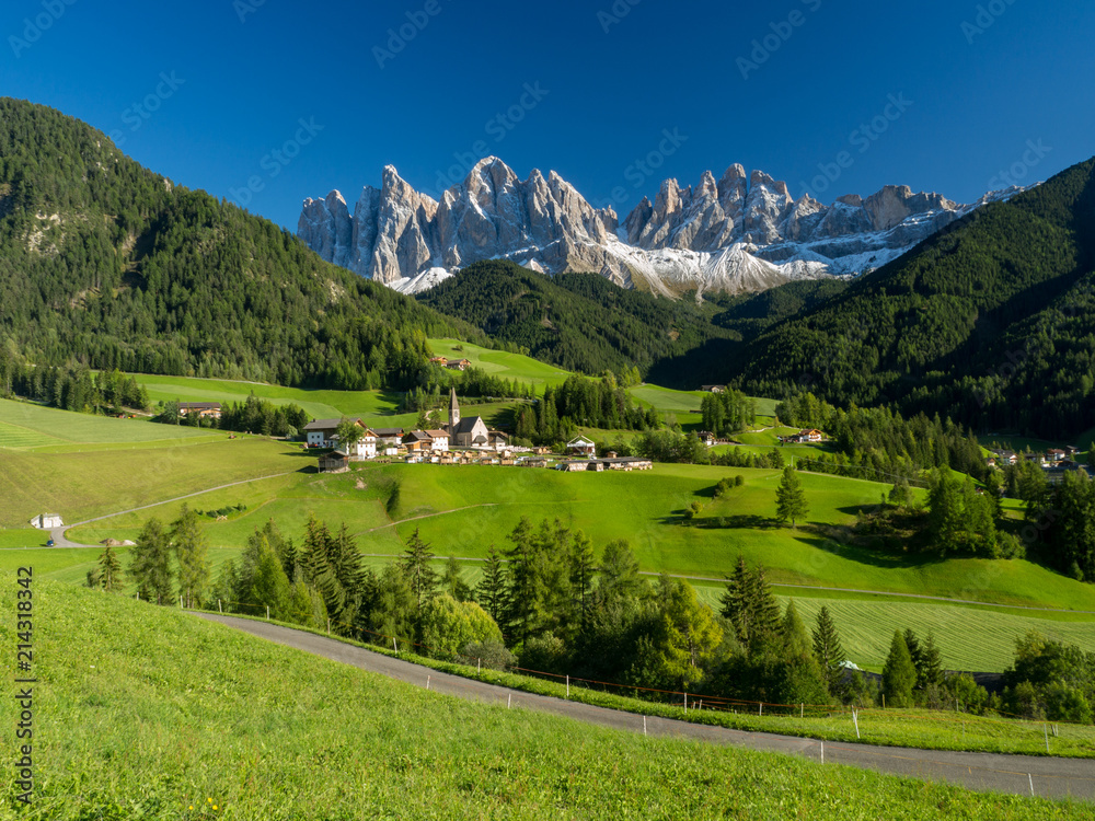 Beautiful alpine place, Santa Maddalena (St Magdalena) village with magical Dolomites mountains in background, Val di Funes valley, Trentino Alto Adige region, Italy, Europe. September, 2017