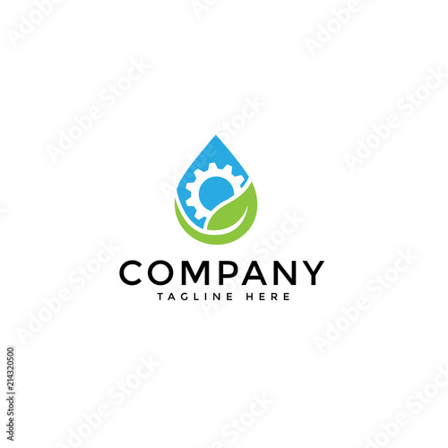 Water, leaf with gear logo design vector. Illustration of fresh water and gear cog for energy ecology and industrial company