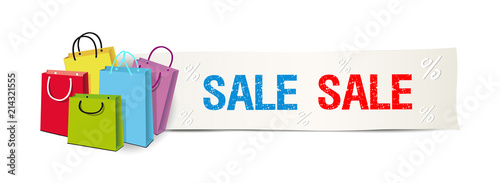 SALE Banner mit Einkaufstüten, Sale Reklame Hintergrund, 
Vektor Illustration isoliert auf weißem Hintergrund