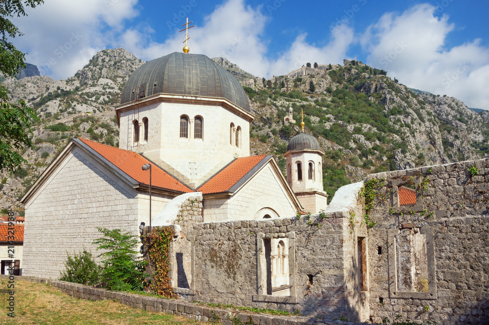 Religious architecture. Montenegro, Old Town of Kotor - UNESCO World Heritage site.  Church of St. Nicholas, view from Town Wall