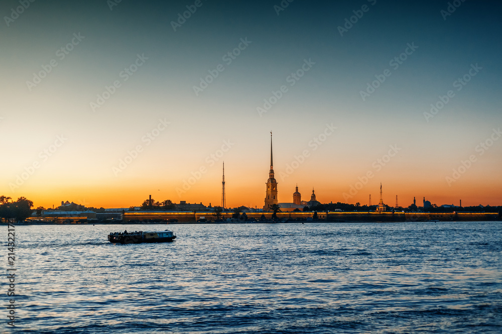 Beautiful city night landscape, white nights in St. Petersburg, view of the Neva and Peter and Paul Fortress