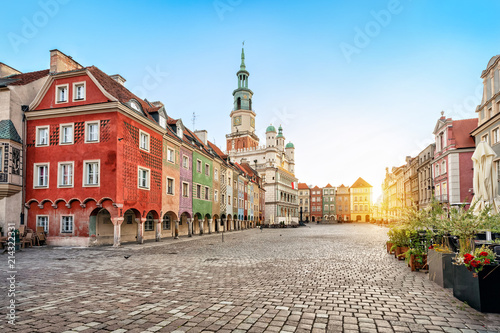 Stary Rynek square with small colorful houses and old Town Hall in Poznan, Poland