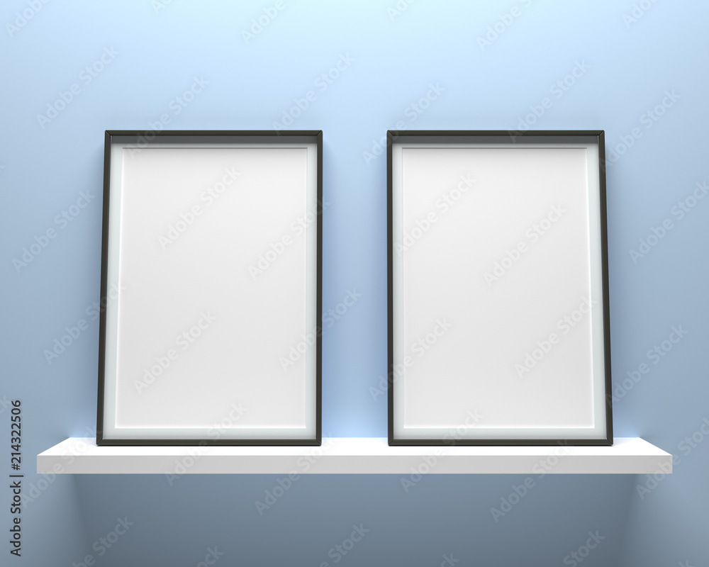Elegant and minimalistic picture frame standing on blue wall