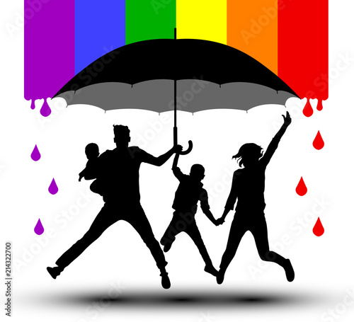 Family is protected by an umbrella, silhouette. Propaganda, LGBT flag. Traditional family with children