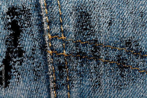 Dirty grunge Closeup of obsolete blue jeans pocket Denim texture, macro background for web site or mobile devices photo