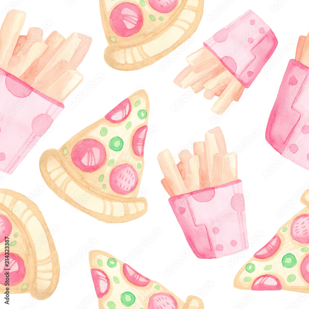 Seamless watercolor pattern handmade with cartoon fast food. Pizza and French fries on a white background