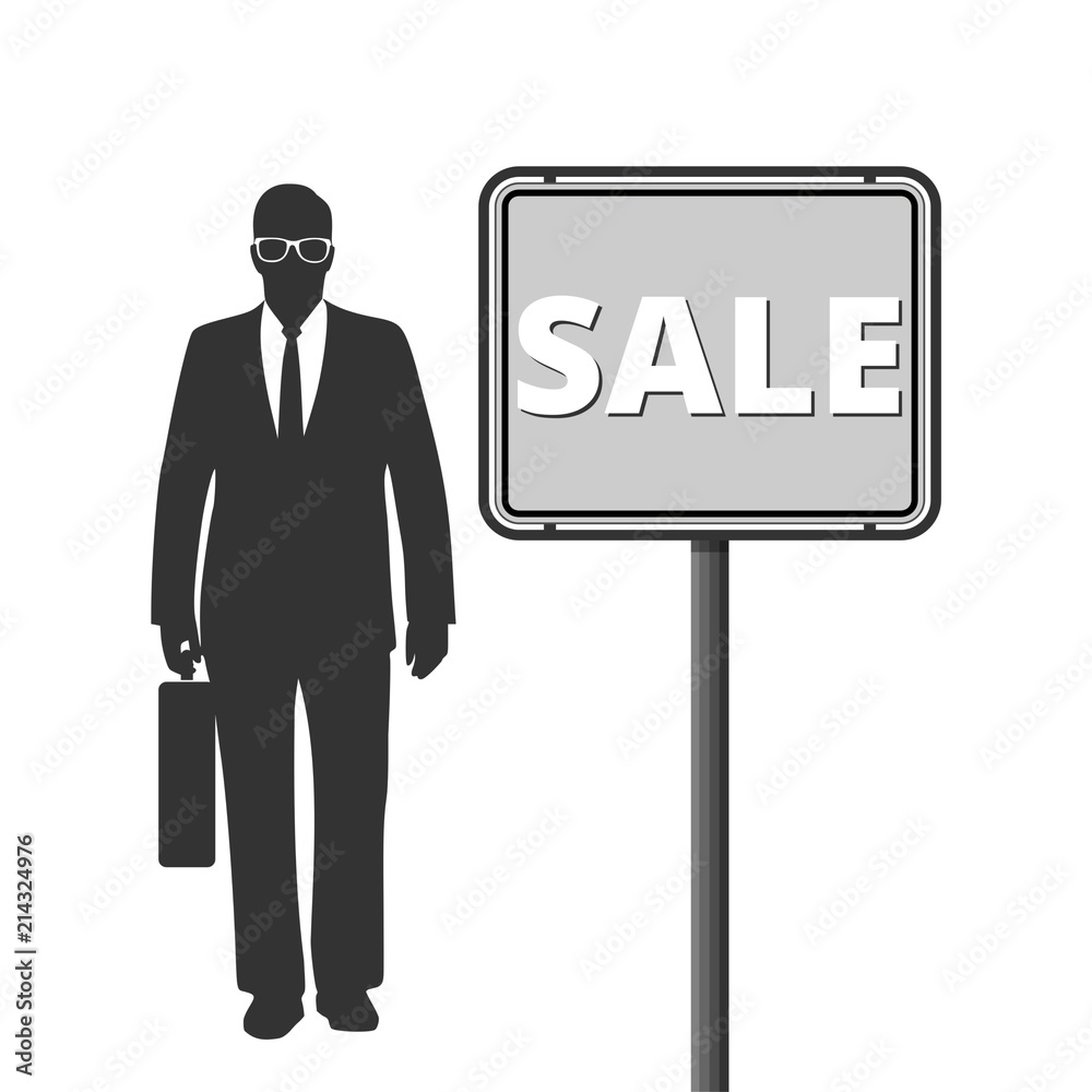 Businessman with sign Sale. Vector, illustration Businessman with sign Sale. Vector, illustration