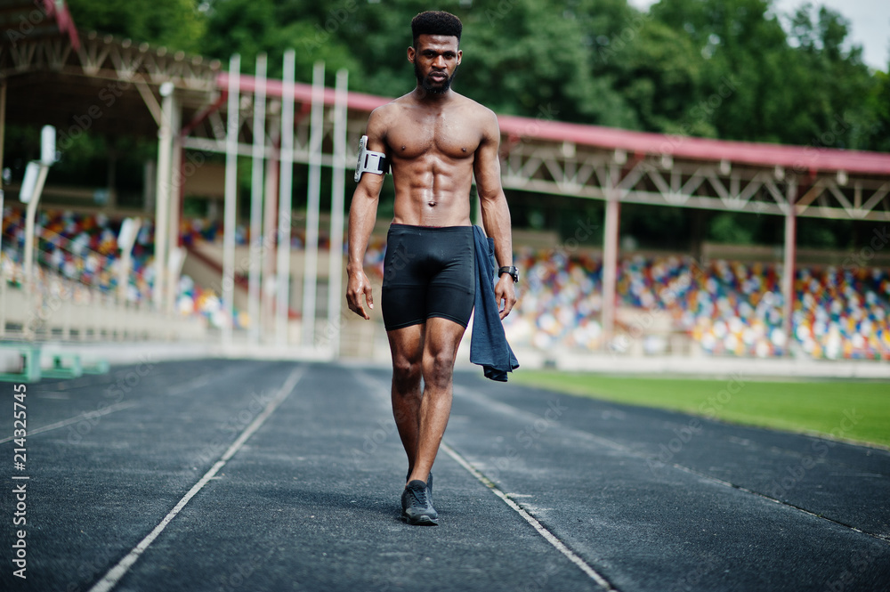 African american male athlete sexy sport bare torso man with running