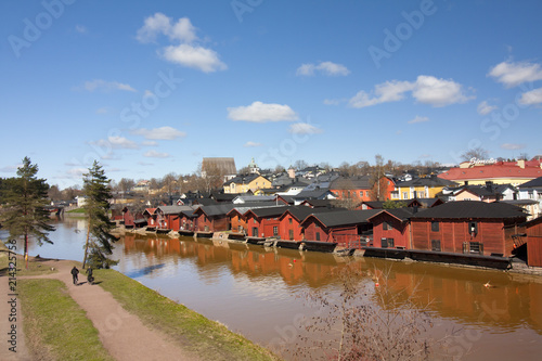 View of Porvoo old town with red wooden sheds, Finland. photo