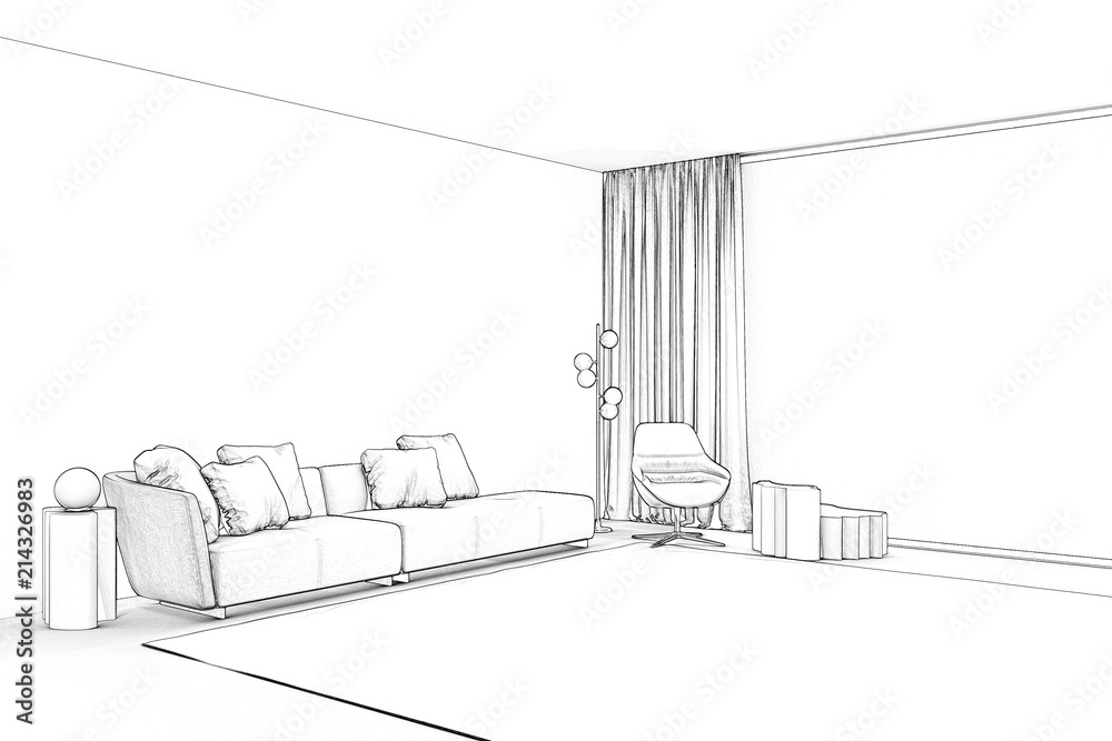 3d illustration. Sketch of living room with panoramic window