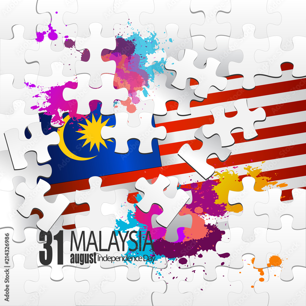 Vector jigsaw puzzle, malaysian flag and splash color. Stock