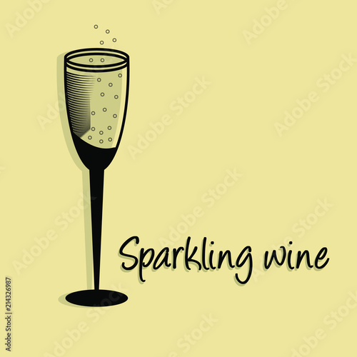 Glass of sparkling wine or champagne in line art with copy space