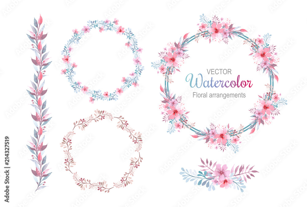 Floral arrangements in gentle pastel pink-emerald tones. Pink flowers. Sprigs with leaves. Isolated objects. Vector illustration.