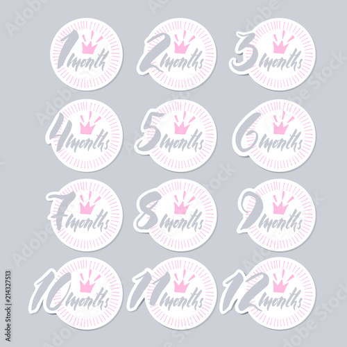 Monthly baby milestone  with  lettering elements. Vector illustration. Gentle gray and pink colors. Stickers.