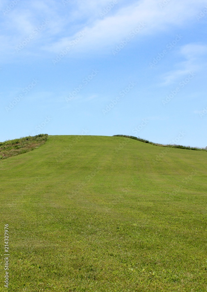 A view of the bright green grass hill landscape.