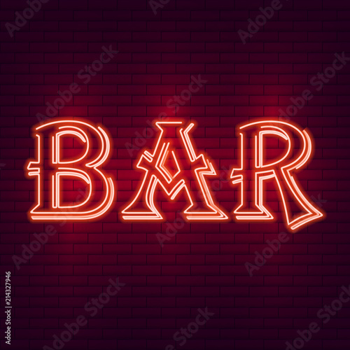 Red luminous neon sign bar against a brick wall. Vector illustra