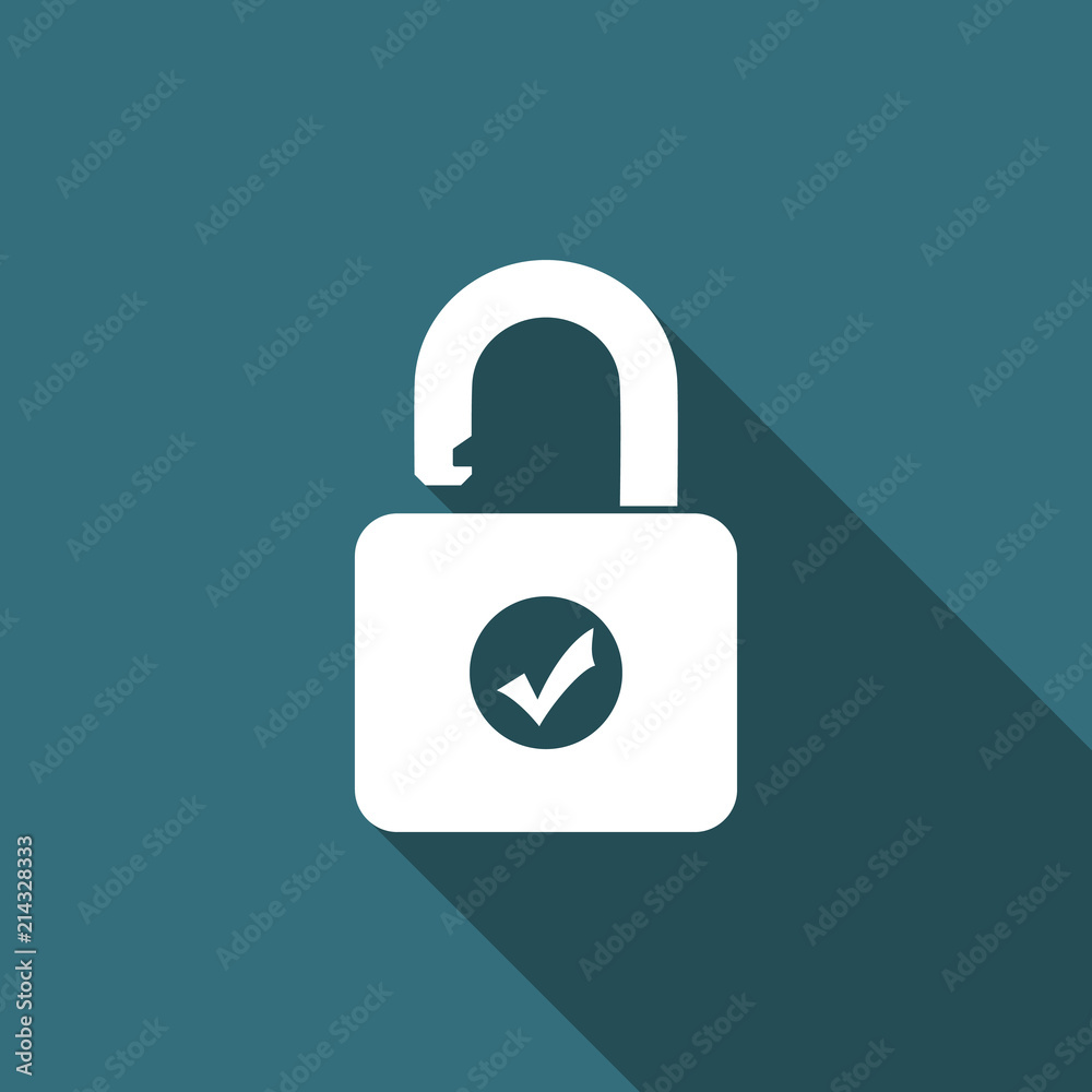 Open padlock and check mark icon isolated with long shadow. Security check lock sign. Flat design. Vector Illustration Open padlock and check mark icon isolated with long shadow. Security check lock sign. Flat design. Vector Illustration