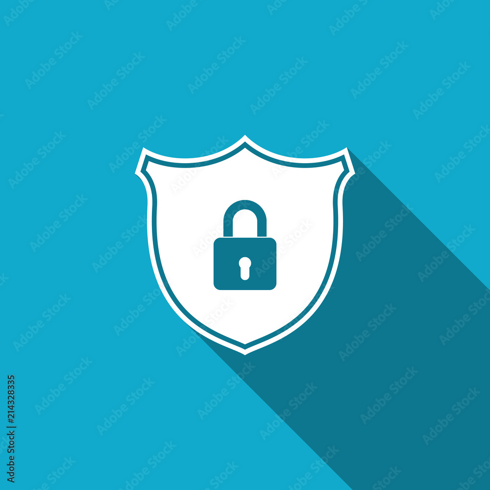 Shield security with lock icon isolated with long shadow. Flat design. Vector Illustration