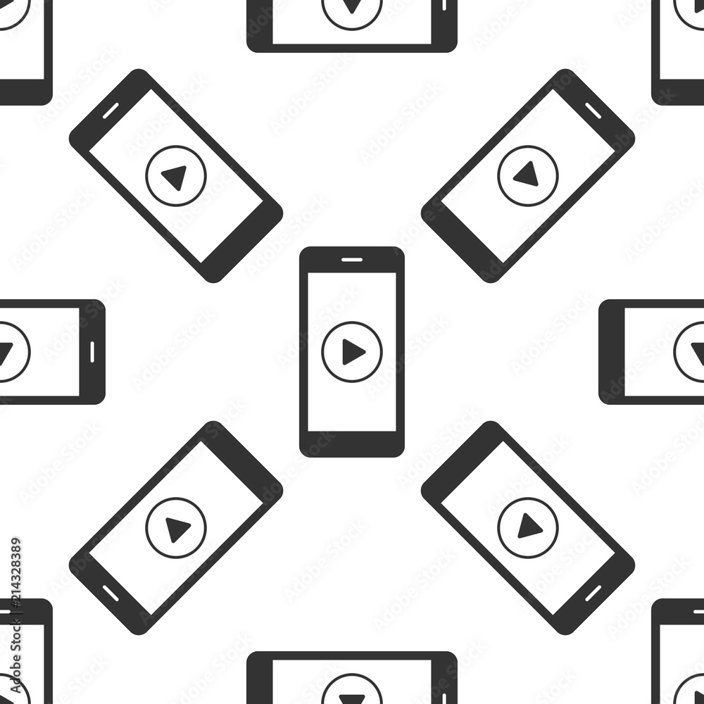 Smartphone with play button on the screen icon seamless pattern on white background. Flat design. Vector Illustration Smartphone with play button on the screen icon seamless pattern on white background. Flat design. Vector Illustration