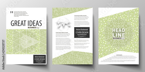 Business templates, brochure, flyer, annual report. Cover design template, layout in A4 size. Green color background with leaves. Spa concept in linear style. Vector decoration for beauty industry