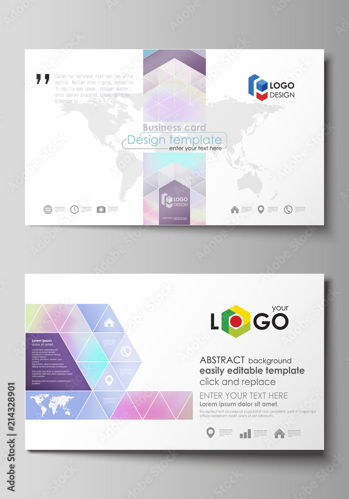 Business card templates. Easy editable layout, abstract vector design template. Hologram, background in pastel colors with holographic effect. Blurred colorful pattern, futuristic surreal texture.