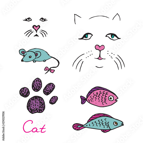 Cat set, paw print and faces, mouse and fish colorful toys, hand drawn doodle, sketch, outline black and white vector illustration