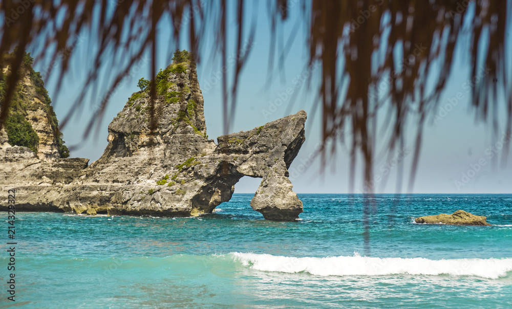 stunning beautiful tropical island paradise landscape shot under beach straw umbrella panorama view of rocks on an amazing turquoise sea water color stunning beautiful tropical island paradise landscape shot under beach straw umbrella panorama view of rocks on an amazing turquoise sea water color
