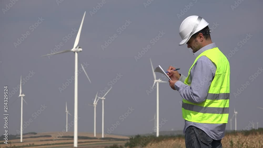 Engineer near windmills turbines writing down the technical parameters Engineer near windmills turbines writing down the technical parameters