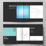 Black colored vector layout of two covers templates for square design bifold brochure, flyer. Technology, science, medical concept. Molecule structure, connecting lines and dots. Futuristic background