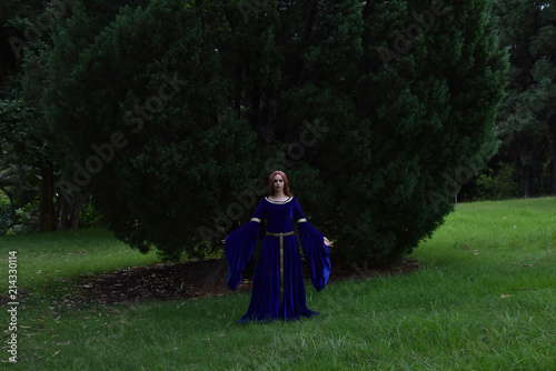 full length portrait of girl wearing long blue medieval gown. wandering through a forest landscape.