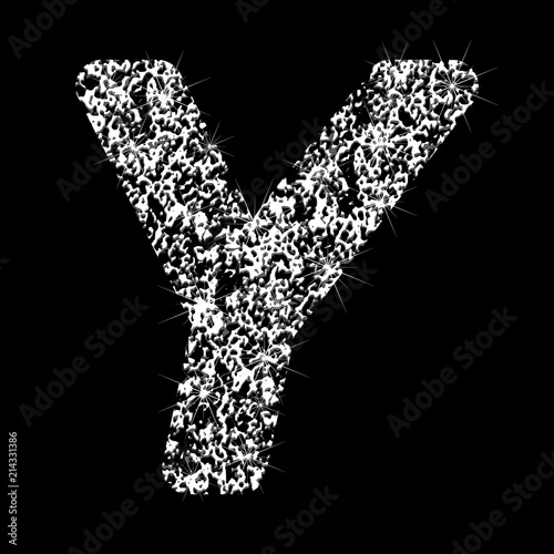 Silver glittering letter Y. Vector shining silver sparkling letter on black background.