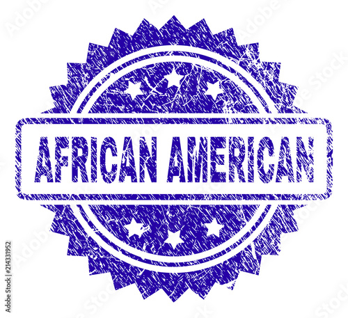 AFRICAN AMERICAN stamp imprint with corroded style. Blue vector rubber seal print of AFRICAN AMERICAN label with corroded texture.