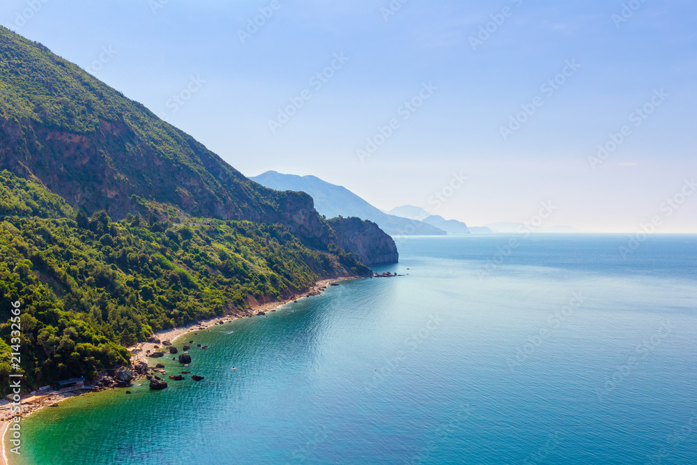 View from above on the Adriatic sea coastline at Montenegro, nature landscape, vacations to the summer paradise