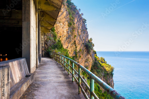 On the high altitude road and pathway at the Adriatic sea coastline in Montenegro, nature landscape background