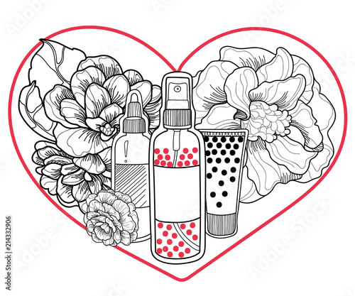 vector jars of sprays and cream cosmetics black and white on a background of graceful camellia flowers, behind a stylish red heart