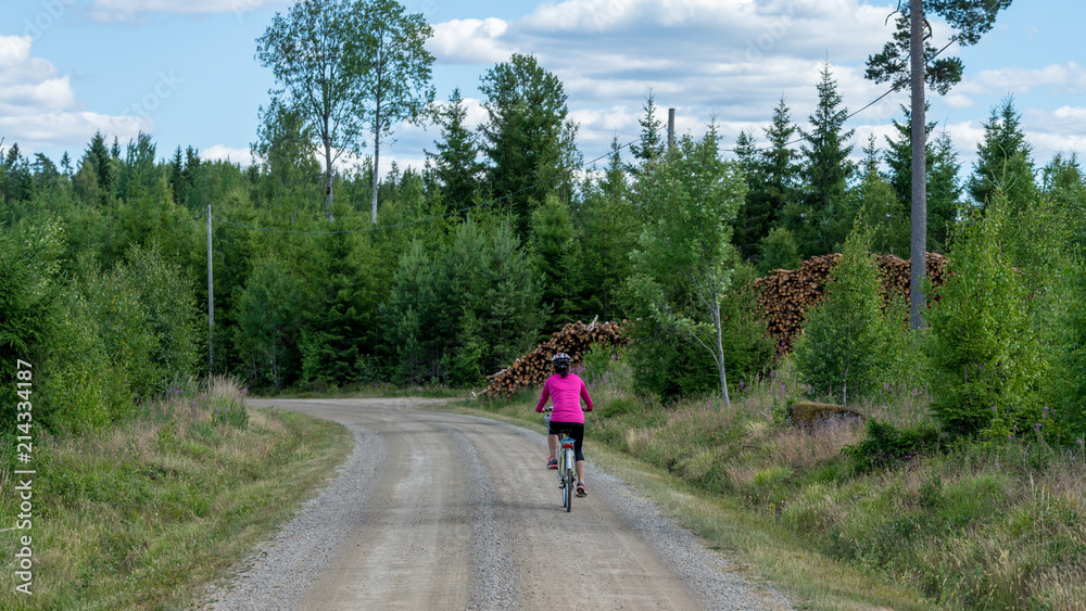 Radfahrerin in einem schwedischen Wald