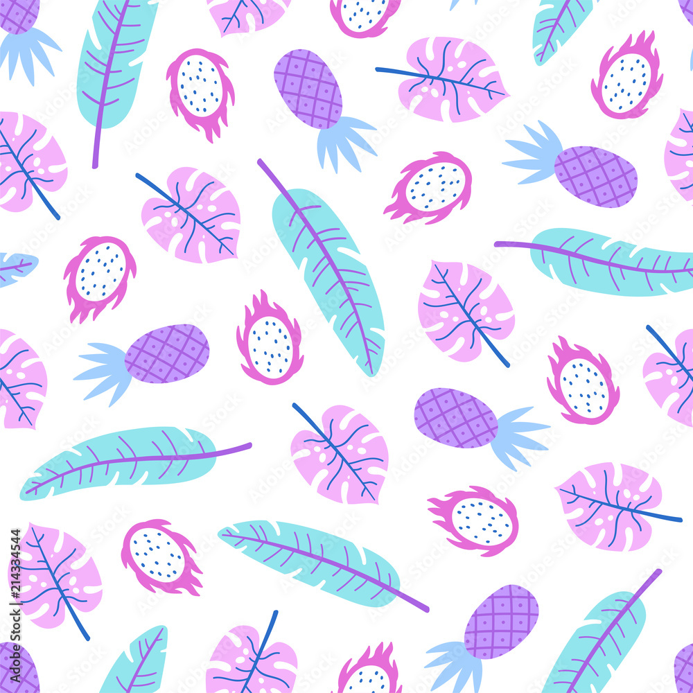 Tropical leaves and fruits in bright colours. Vector seamless pattern Tropical leaves and fruits in bright colours. Vector seamless pattern
