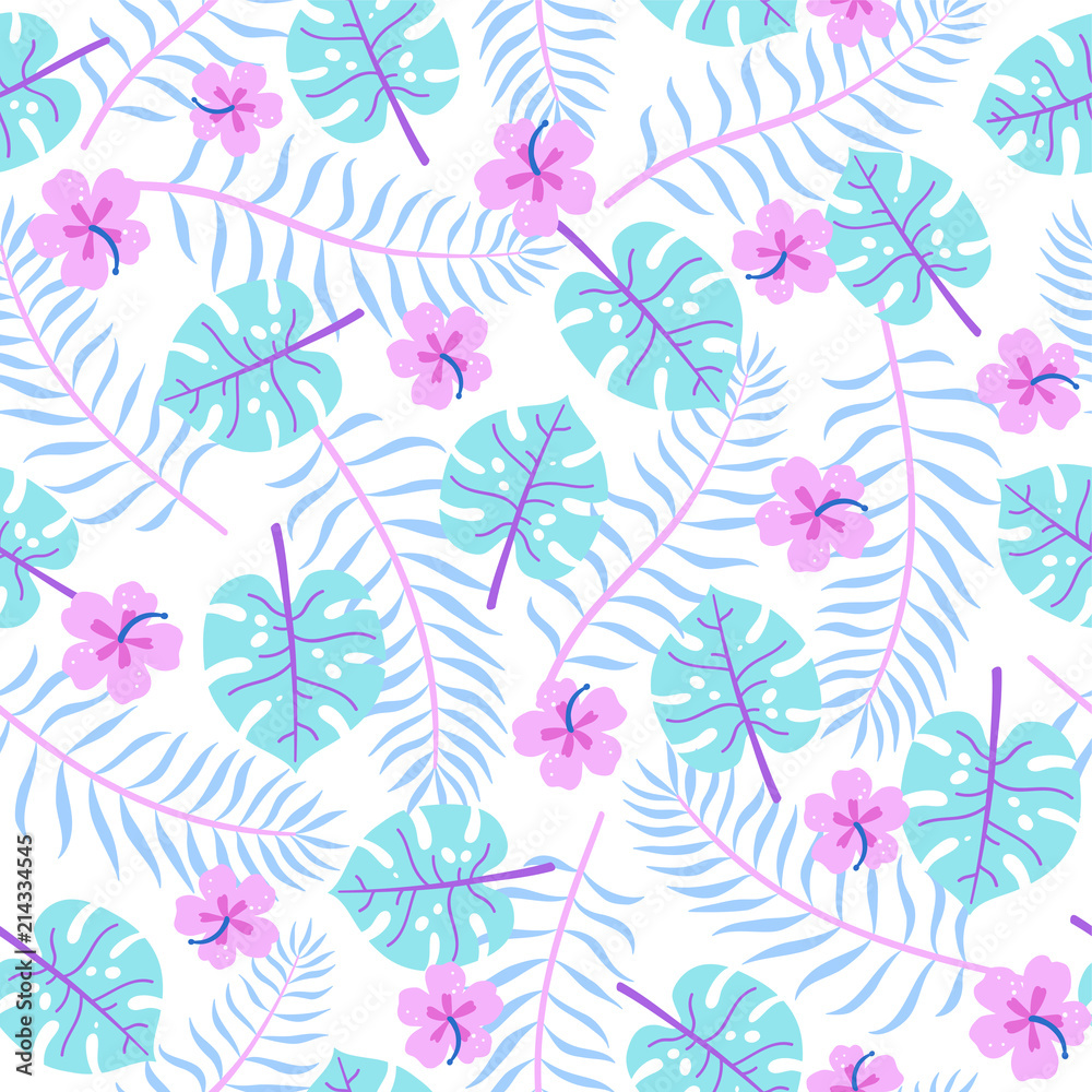 Cute bright tropical leaves. Vector hand drawn seamless pattern