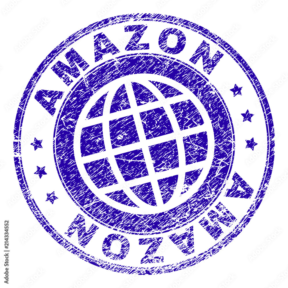 AMAZON stamp imprint with distress effect. Blue vector rubber seal imprint of AMAZON label with dirty texture. Seal has words placed by circle and planet symbol.