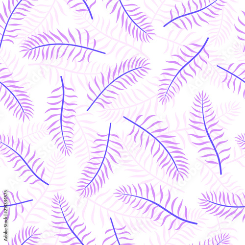 Violet coconut tropical palm leaves. Vector seamless pattern