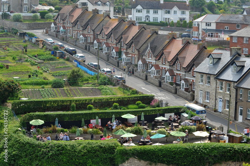 View of street and beer garden in Beer, Devon