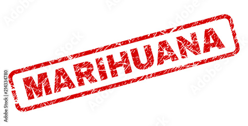 MARIHUANA stamp seal print with grunge style. Red vector rubber print of MARIHUANA label with corroded texture. Text label is placed inside rounded rectangle frame.