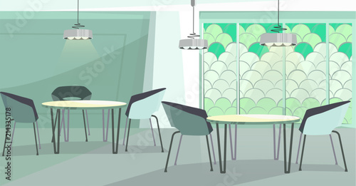 Cozy cafe with modern design vector illustration. Modern cafeteria with round tables, chairs and mosaic wall. Interior illustration