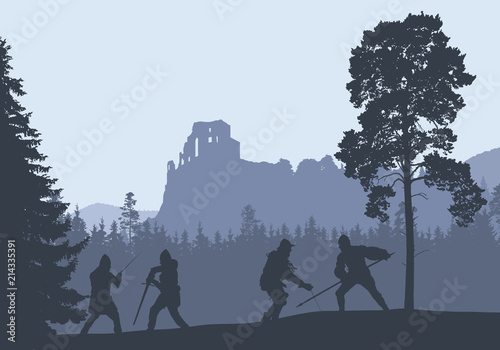 Silhouettes of four warriors fighting in a forest under the ruins of a medieval castle